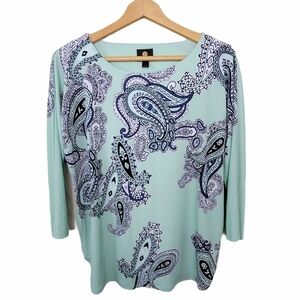 JM Collection | Mint Green 3/4 Sleeve Paisley Print Top Size Small